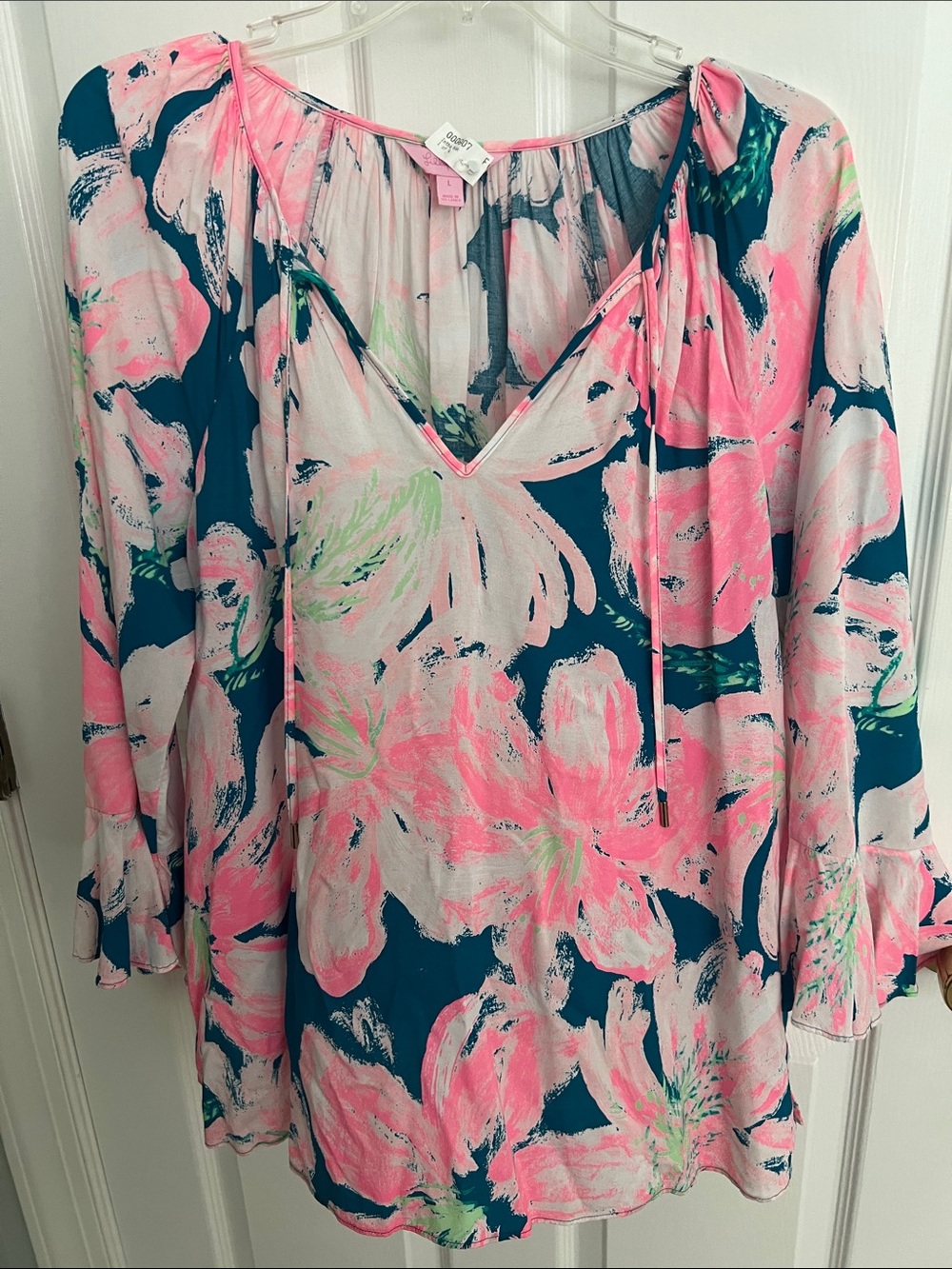Lilly Pulitzer Teal and Pink Painterly Floral V-Neck Blouse